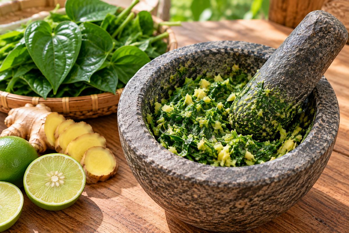 Giã nhuyễn lá trầu, gừng và chanh