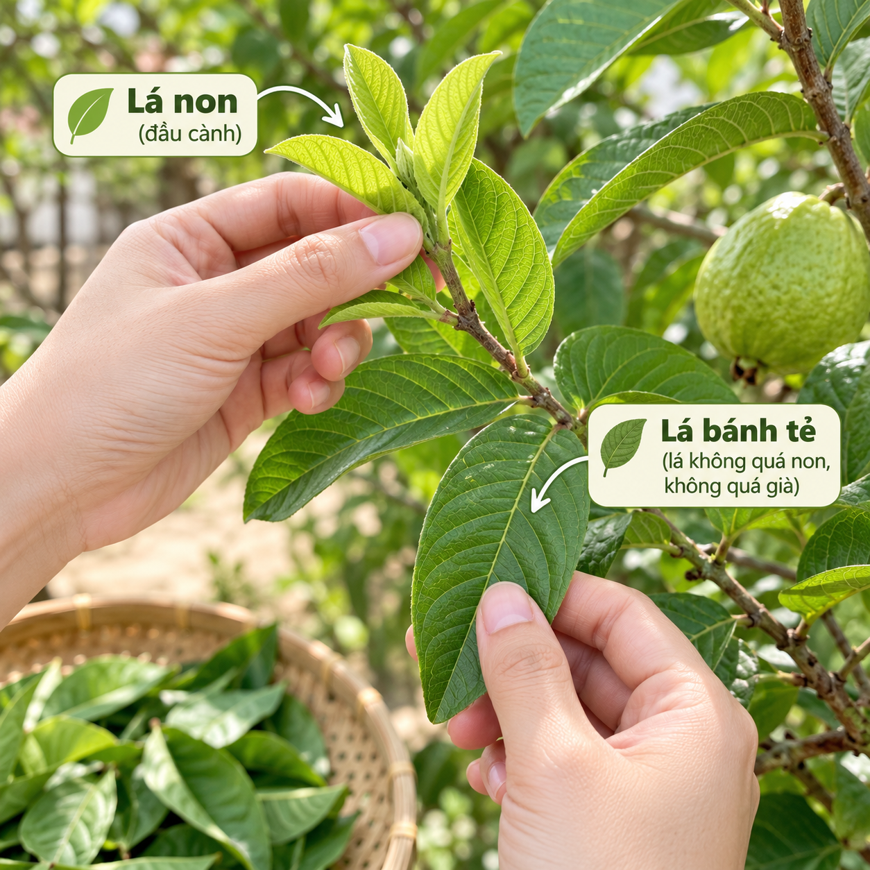 Chọn lá ổi non và lá bánh tẻ còn xanh tươi để khử mùi hôi nách bằng lá ổi