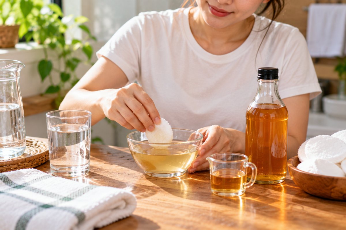 Cách dùng giấm táo cho nách: thấm bông gòn giấm táo pha loãng