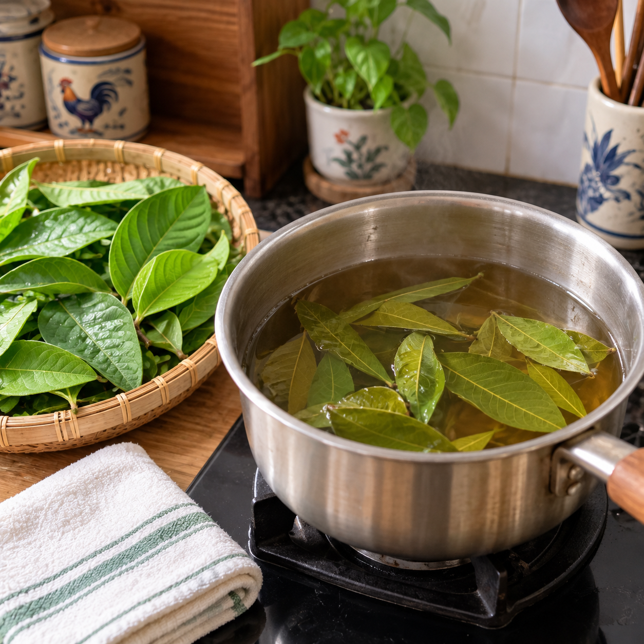 Bát nước lá ổi đun ấm dùng để khử mùi hôi nách tại nhà