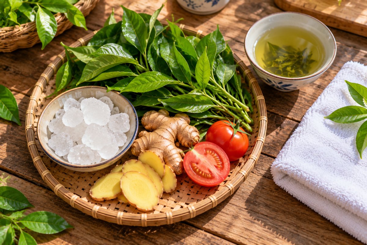 Mẹo hôi nách một lần khỏi: phèn chua, trà xanh, gừng, cà chua trên bàn bếp Mẹo hôi nách một lần khỏi: phèn chua, trà xanh, gừng, cà chua trên bàn bếp