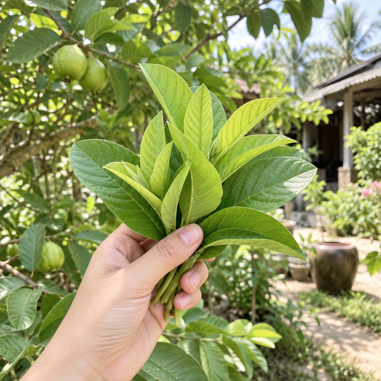 Khử mùi hôi nách bằng lá ổi – nắm lá ổi non tươi trên tay người phụ nữ Việt Nam
