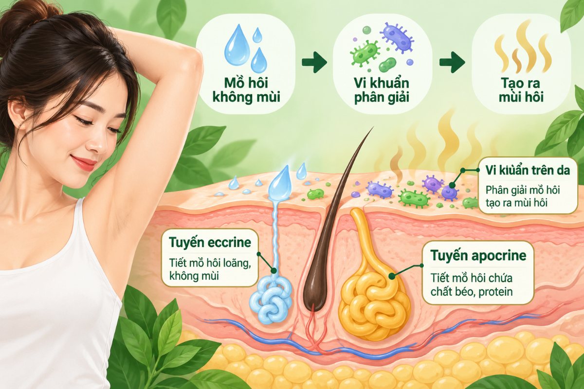Vì sao nách bị hôi: tuyến mồ hôi apocrine và vi khuẩn trên da