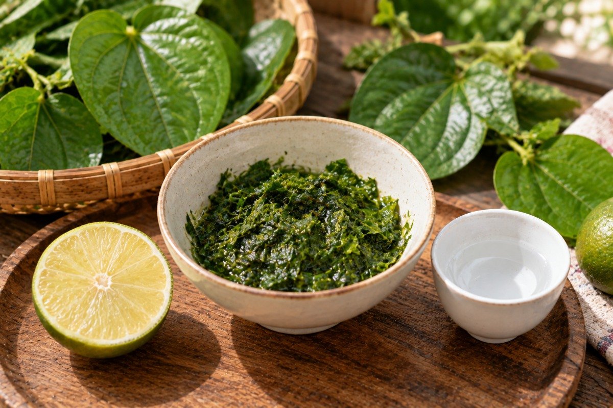 Nên trộn lá trầu với chanh hay rượu